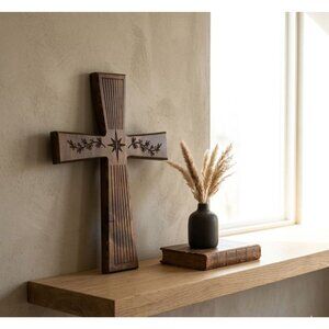 Handmade Wood Easter Cross Wall Decor 16" Engraved Botanical Walnut Stain